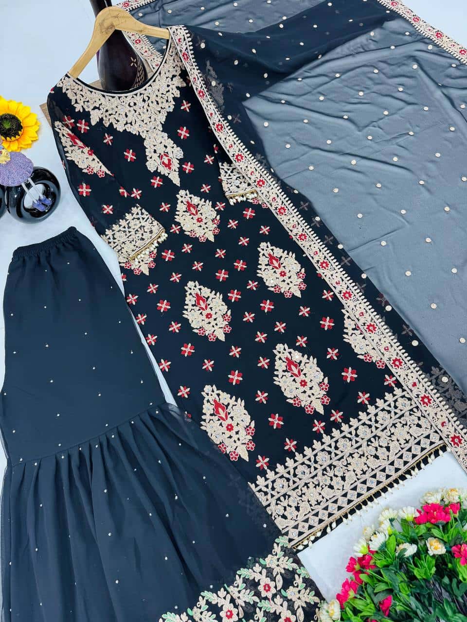 "Heavy Faux Georgette Embroidered Sharara & Dupatta Set"