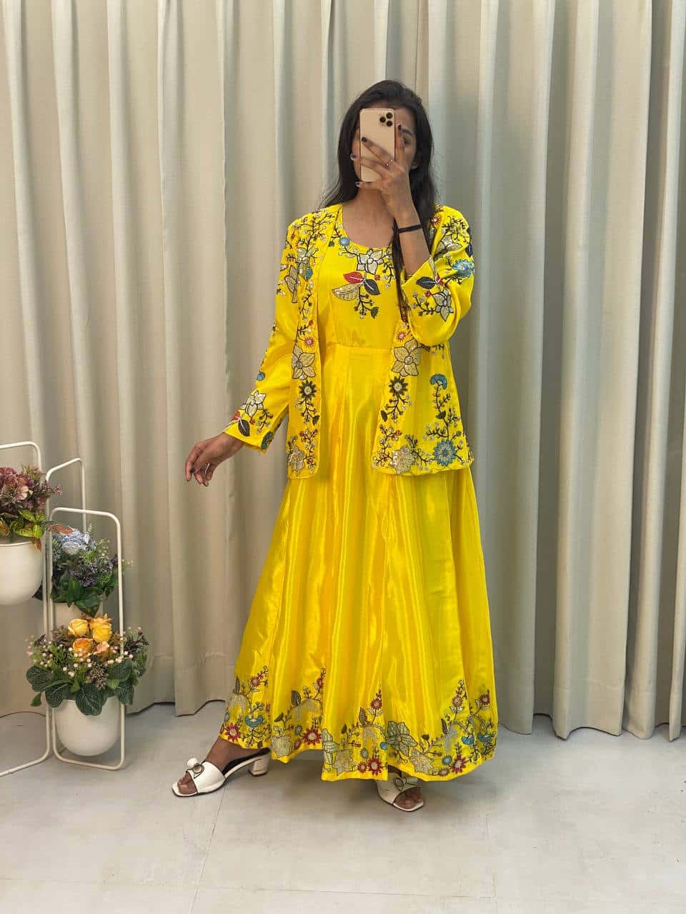 "Elegant Chinon Koti & Gown Set with Detailed Sequence Embroidery"