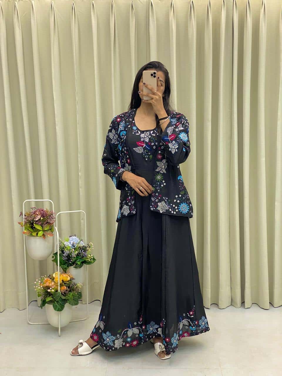 "Elegant Chinon Koti & Gown Set with Detailed Sequence Embroidery"
