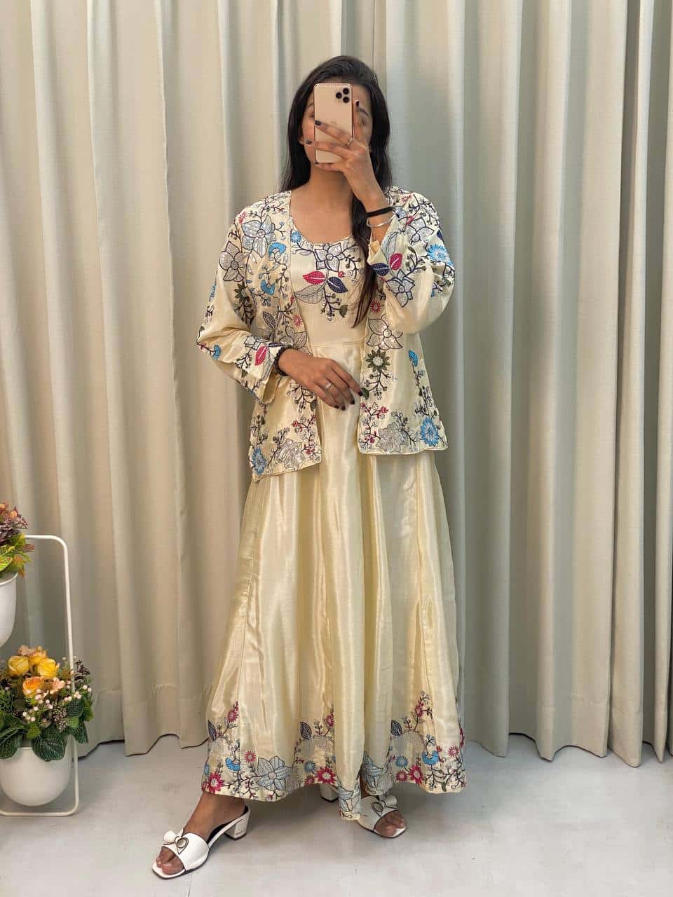 "Elegant Chinon Koti & Gown Set with Detailed Sequence Embroidery"