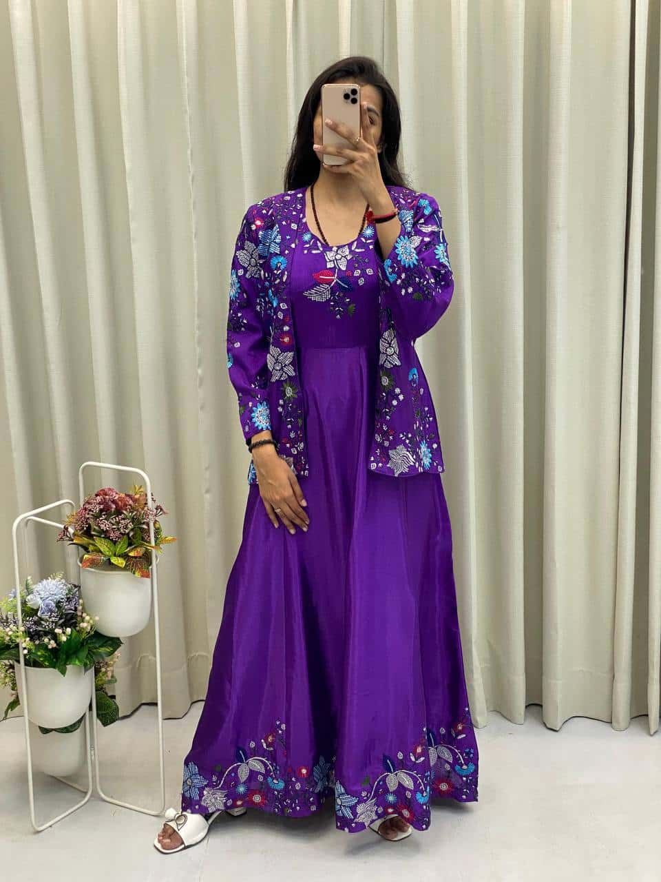 "Elegant Chinon Koti & Gown Set with Detailed Sequence Embroidery"