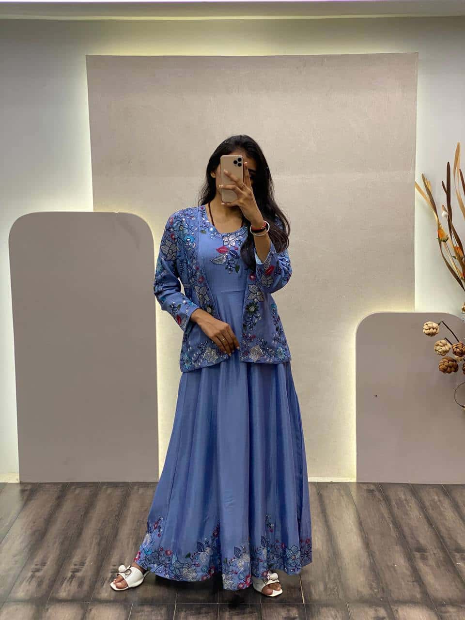 "Elegant Chinon Koti & Gown Set with Detailed Sequence Embroidery"