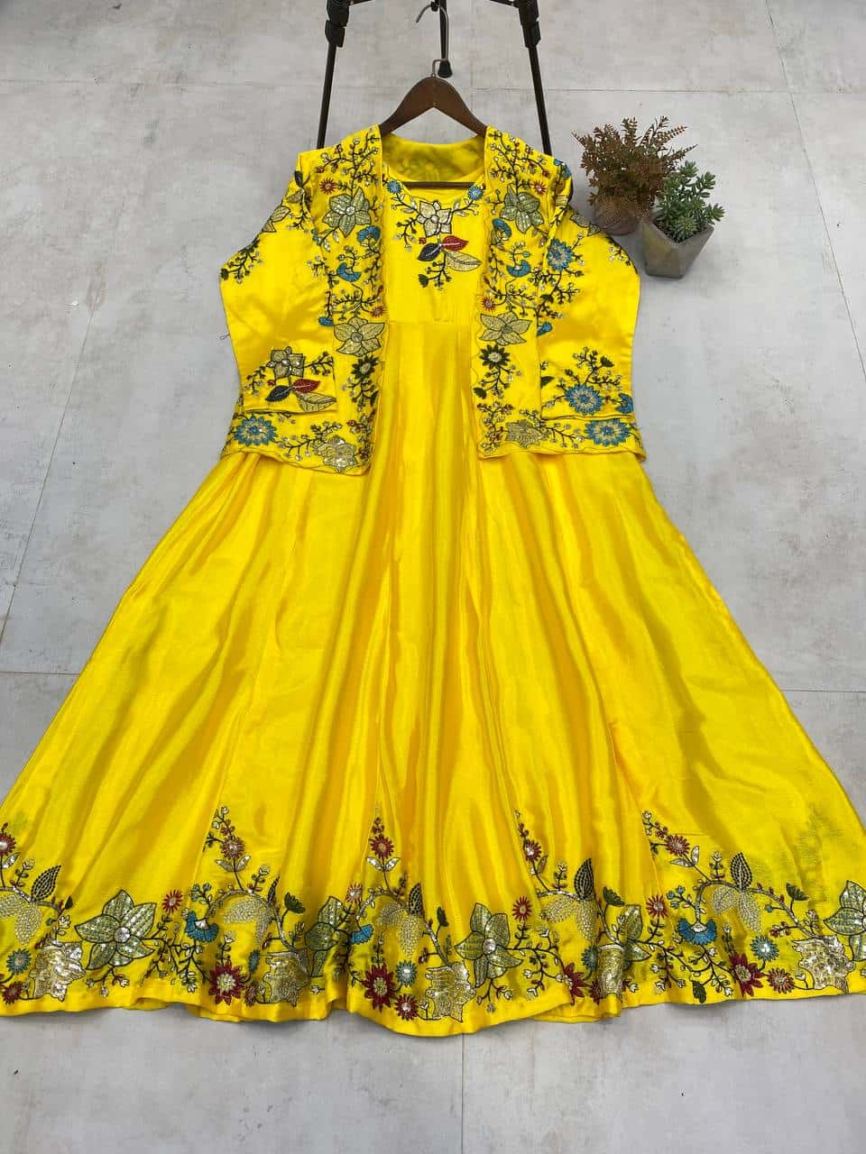 "Elegant Chinon Koti & Gown Set with Detailed Sequence Embroidery"