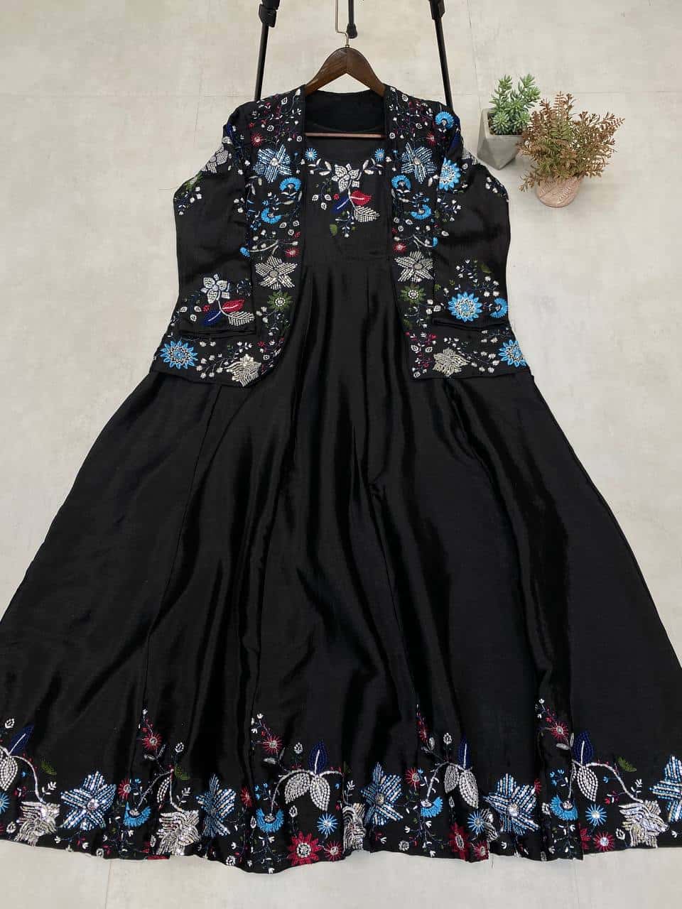 "Elegant Chinon Koti & Gown Set with Detailed Sequence Embroidery"