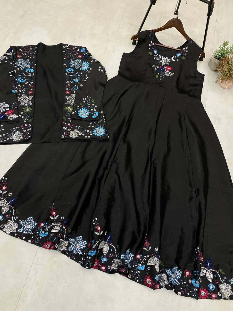 "Elegant Chinon Koti & Gown Set with Detailed Sequence Embroidery"