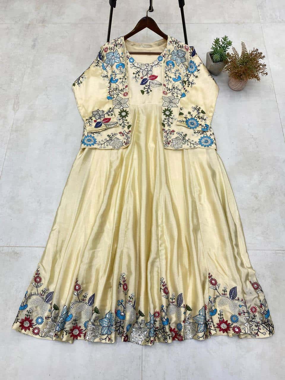 "Elegant Chinon Koti & Gown Set with Detailed Sequence Embroidery"