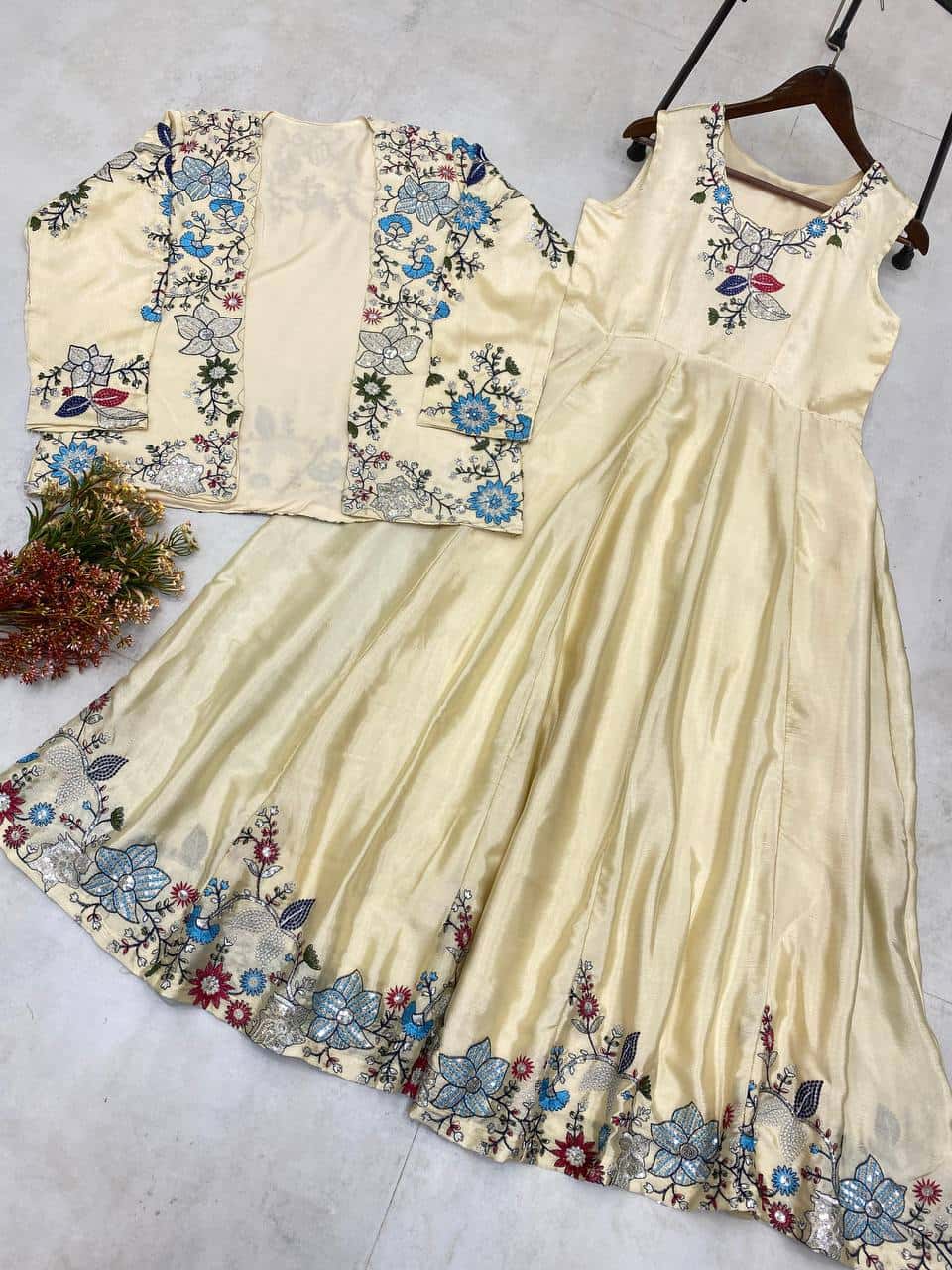 "Elegant Chinon Koti & Gown Set with Detailed Sequence Embroidery"