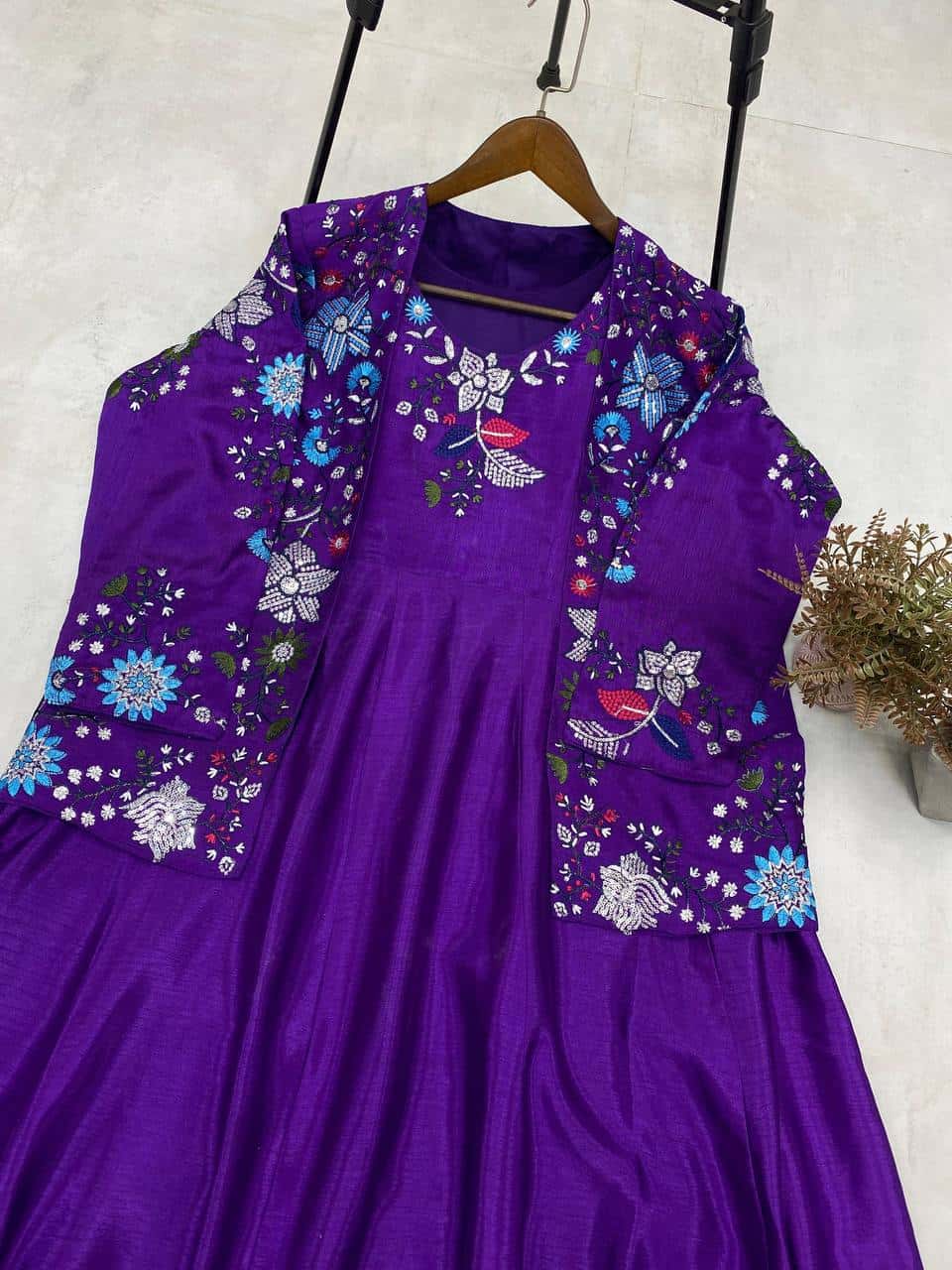 "Elegant Chinon Koti & Gown Set with Detailed Sequence Embroidery"