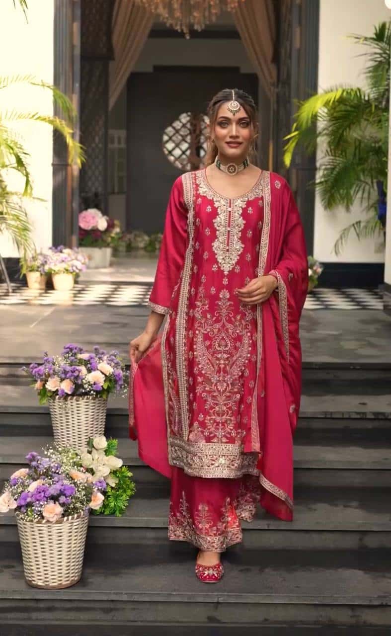 "Luxurious Heavy Chinnon Silk Embroidered Top, Plazzo & Dupatta Set"