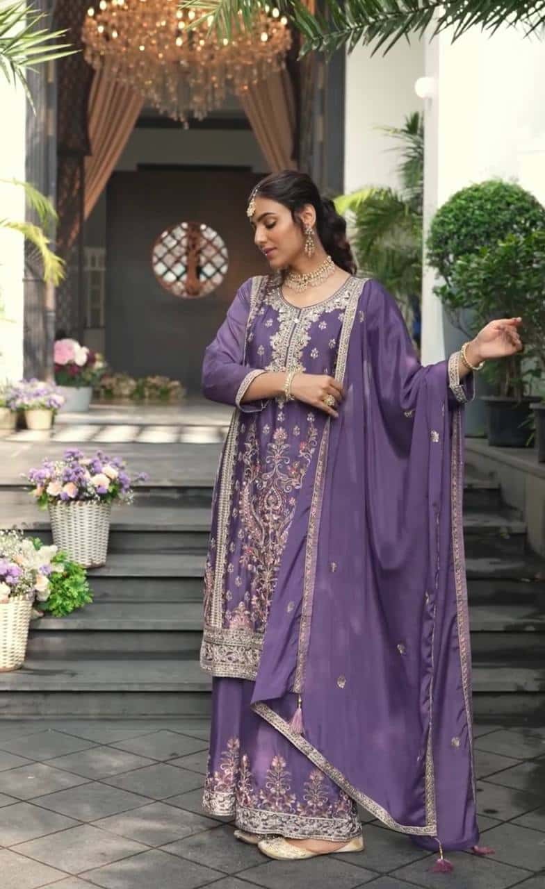 "Luxurious Heavy Chinnon Silk Embroidered Top, Plazzo & Dupatta Set"