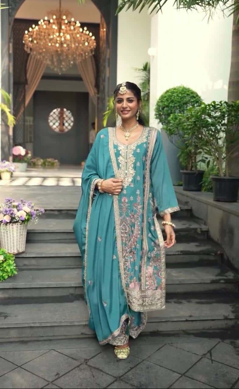 "Luxurious Heavy Chinnon Silk Embroidered Top, Plazzo & Dupatta Set"