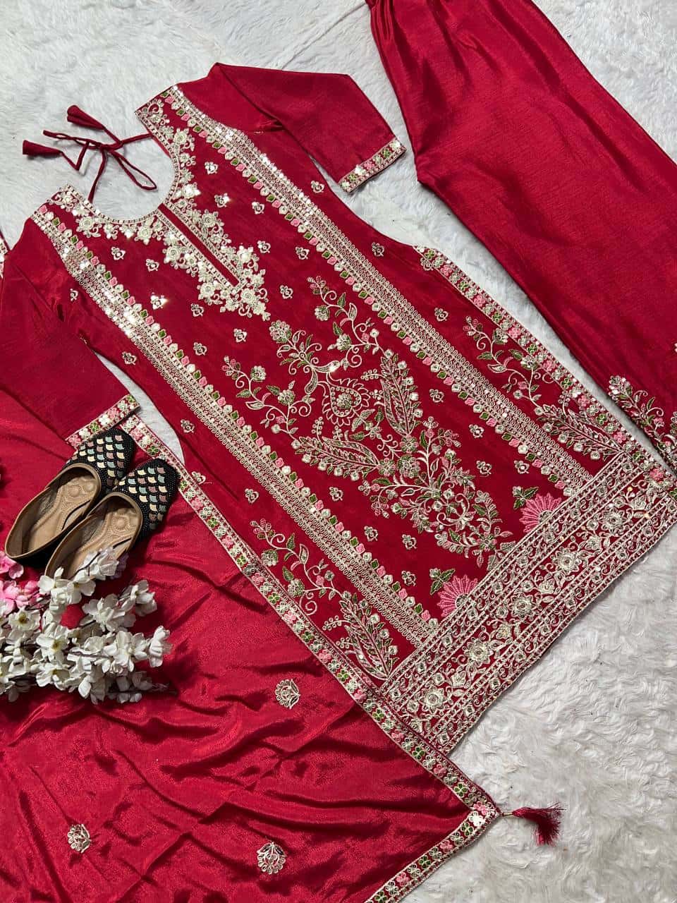 "Luxurious Heavy Chinnon Silk Embroidered Top, Plazzo & Dupatta Set"