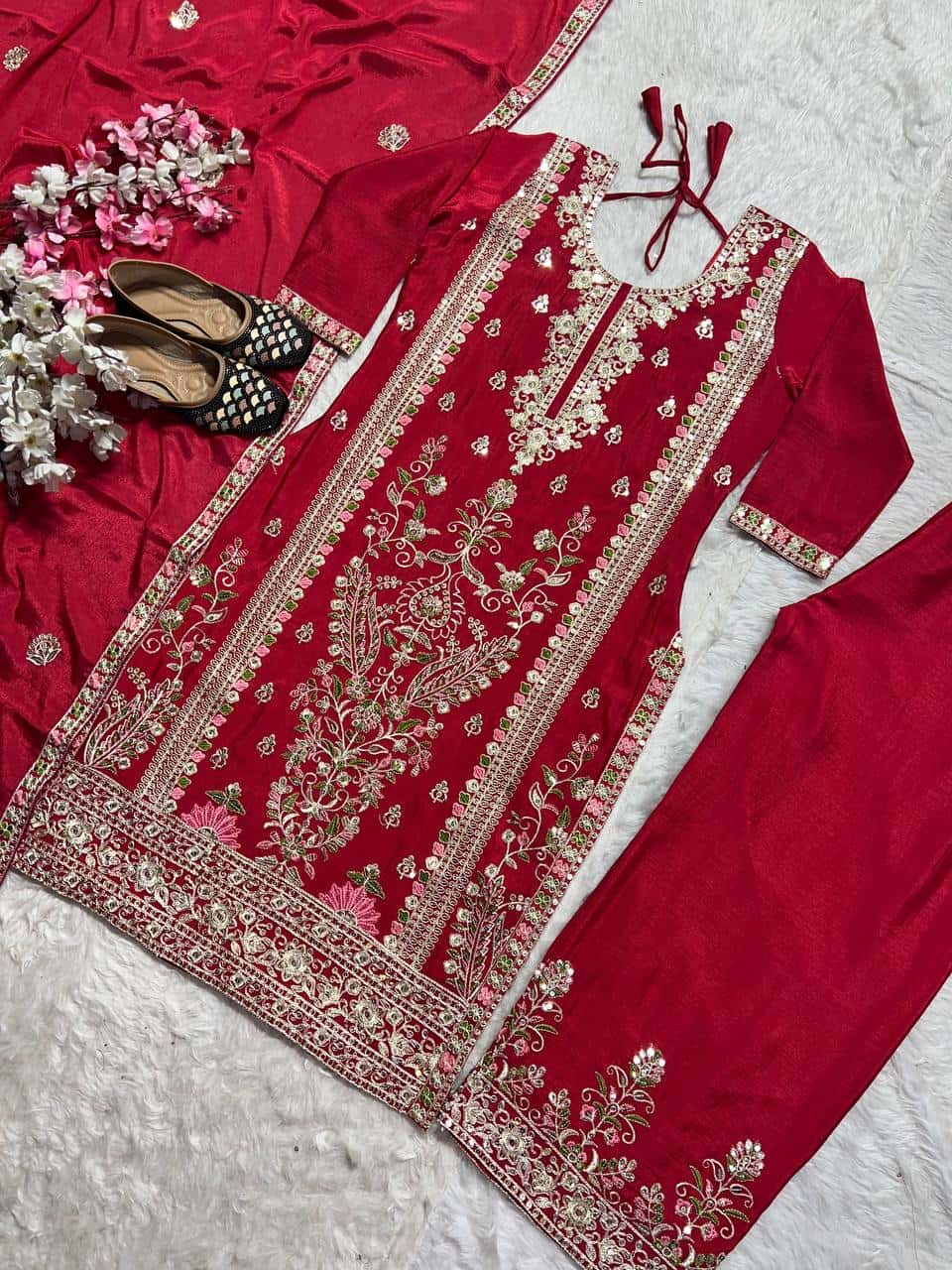 "Luxurious Heavy Chinnon Silk Embroidered Top, Plazzo & Dupatta Set"