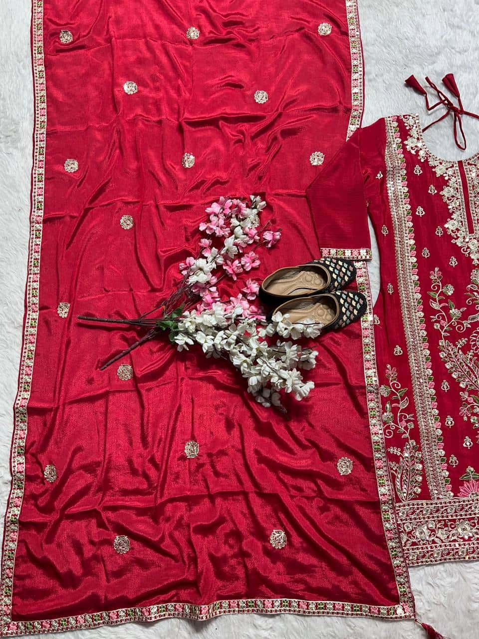 "Luxurious Heavy Chinnon Silk Embroidered Top, Plazzo & Dupatta Set"