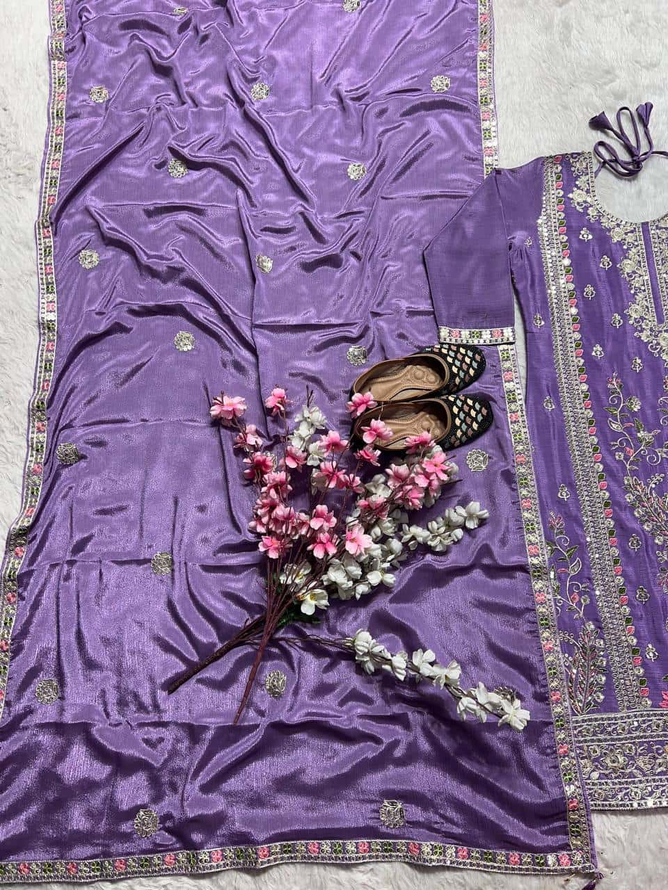 "Luxurious Heavy Chinnon Silk Embroidered Top, Plazzo & Dupatta Set"