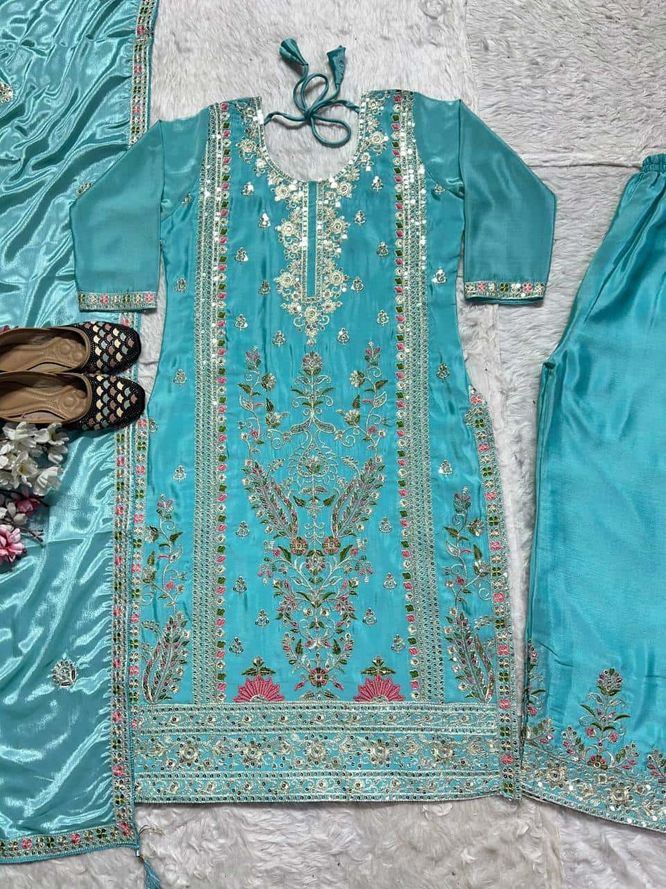 "Luxurious Heavy Chinnon Silk Embroidered Top, Plazzo & Dupatta Set"