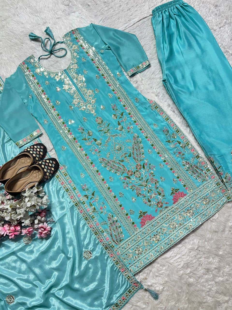 "Luxurious Heavy Chinnon Silk Embroidered Top, Plazzo & Dupatta Set"