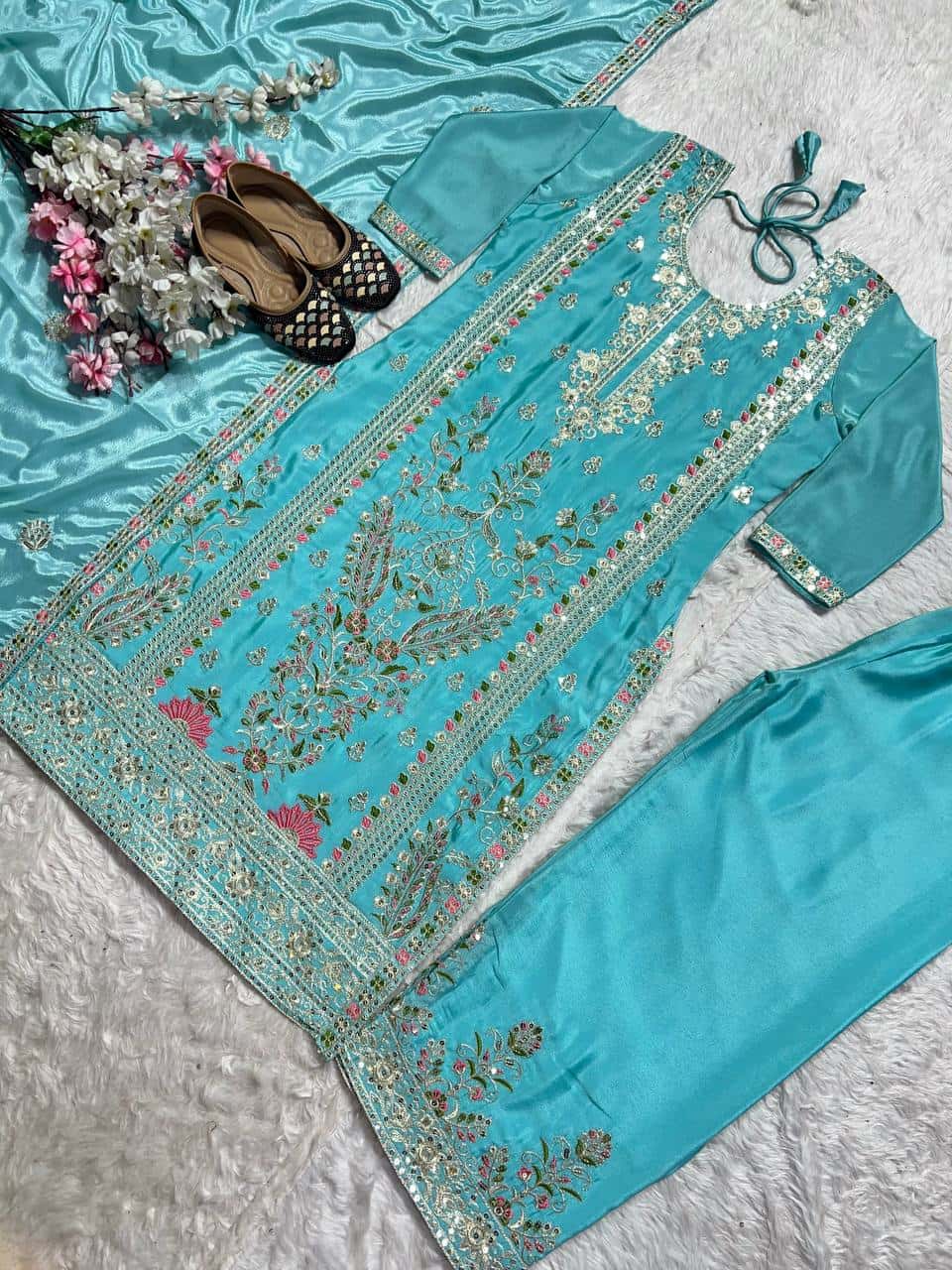 "Luxurious Heavy Chinnon Silk Embroidered Top, Plazzo & Dupatta Set"