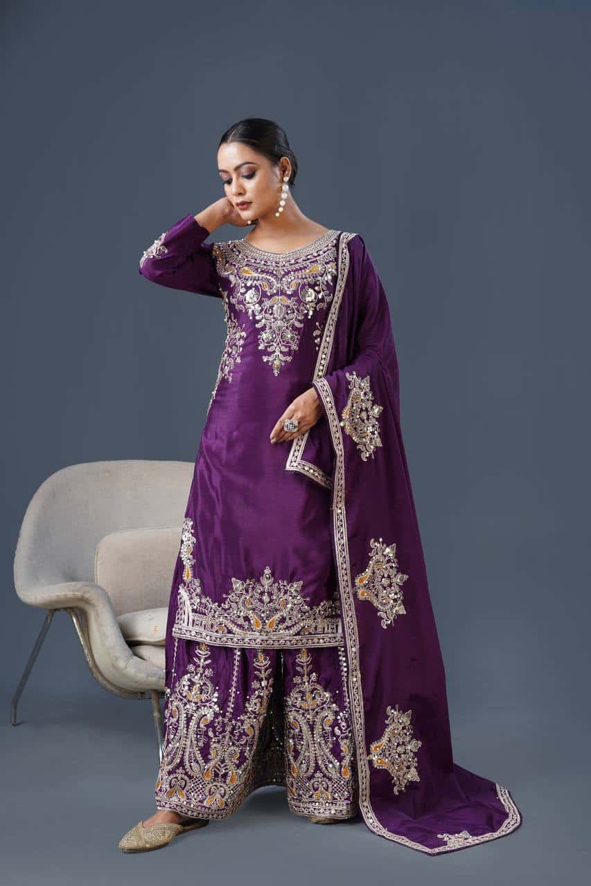 "Elegant Pure Chinnon Silk Embroidered Top, Plazzo & Dupatta Set"