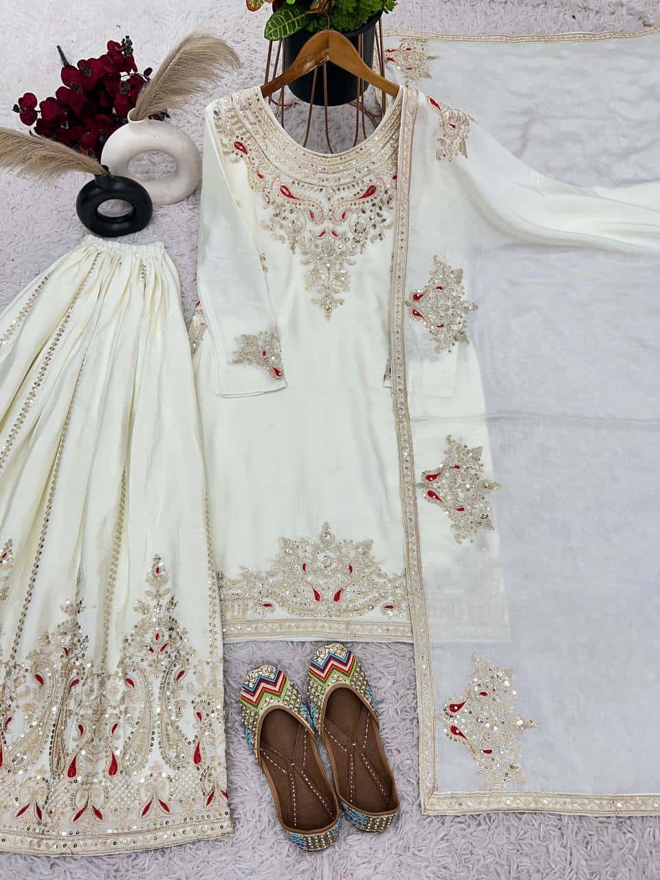 "Elegant Pure Chinnon Silk Embroidered Top, Plazzo & Dupatta Set"