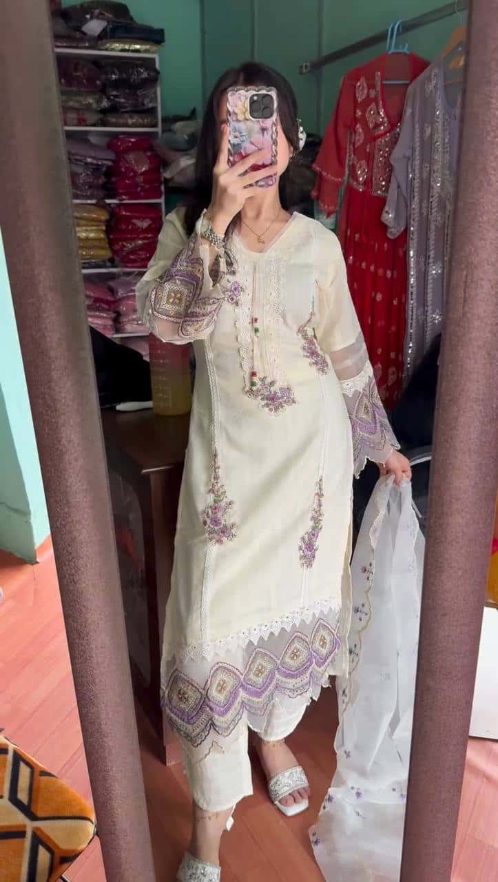 "Elegant Tesla Fabric Embroidered Top, Pant & Dupatta Set with Organza Details"