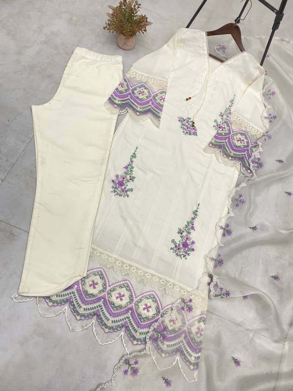 "Elegant Tesla Fabric Embroidered Top, Pant & Dupatta Set with Organza Details"