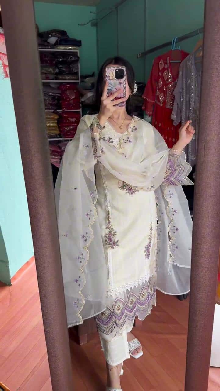 "Elegant Tesla Fabric Embroidered Top, Pant & Dupatta Set with Organza Details"