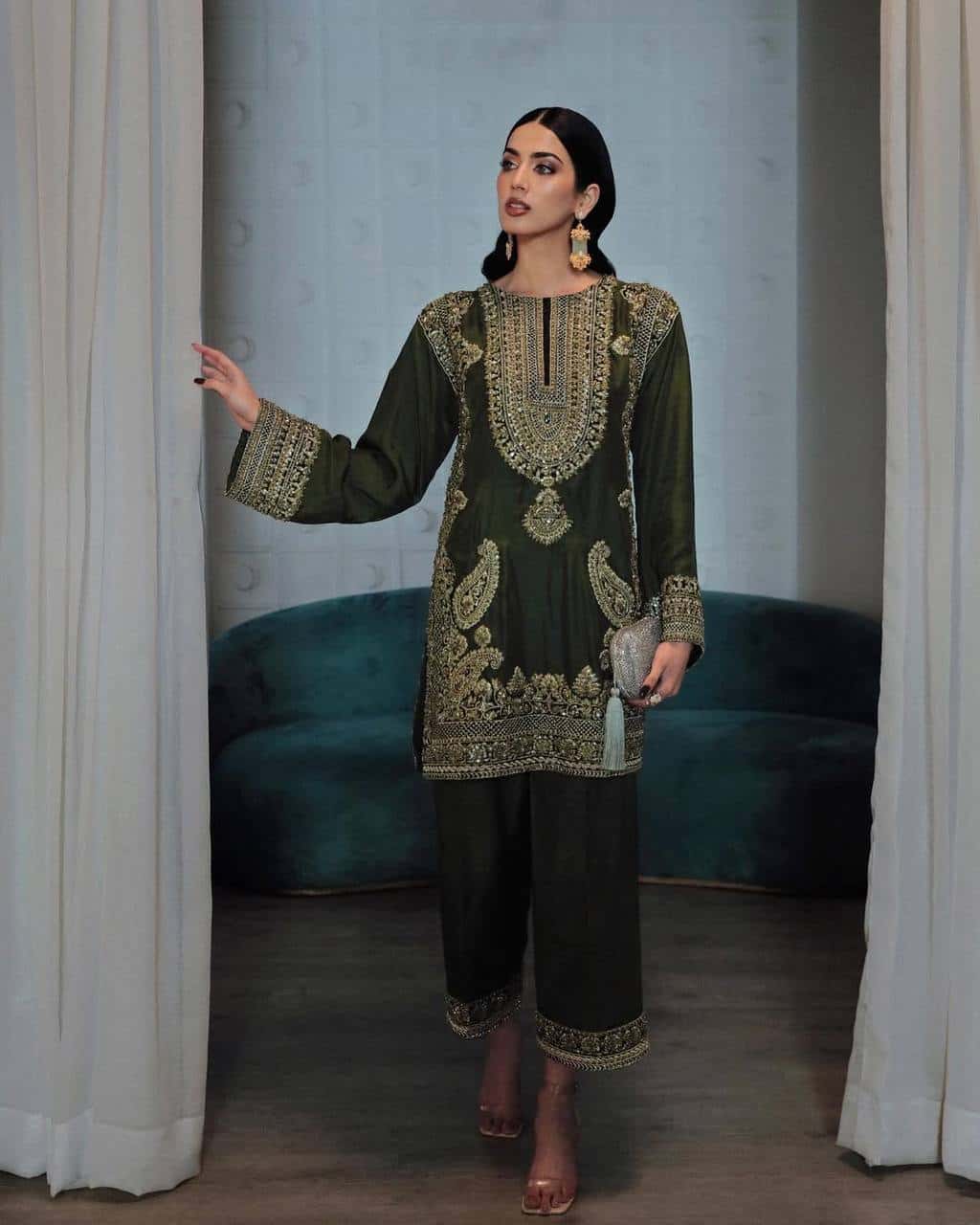 "Elegant Chinon Set with Embroidered Sleeves, Palazzo & Soft Net Dupatta"