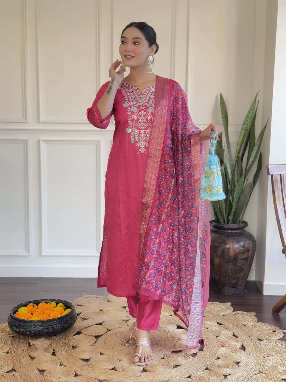 Elegant Viscose Rayon Kurti & Bottom with Sequence Embroidery and Jacquard Dupatta