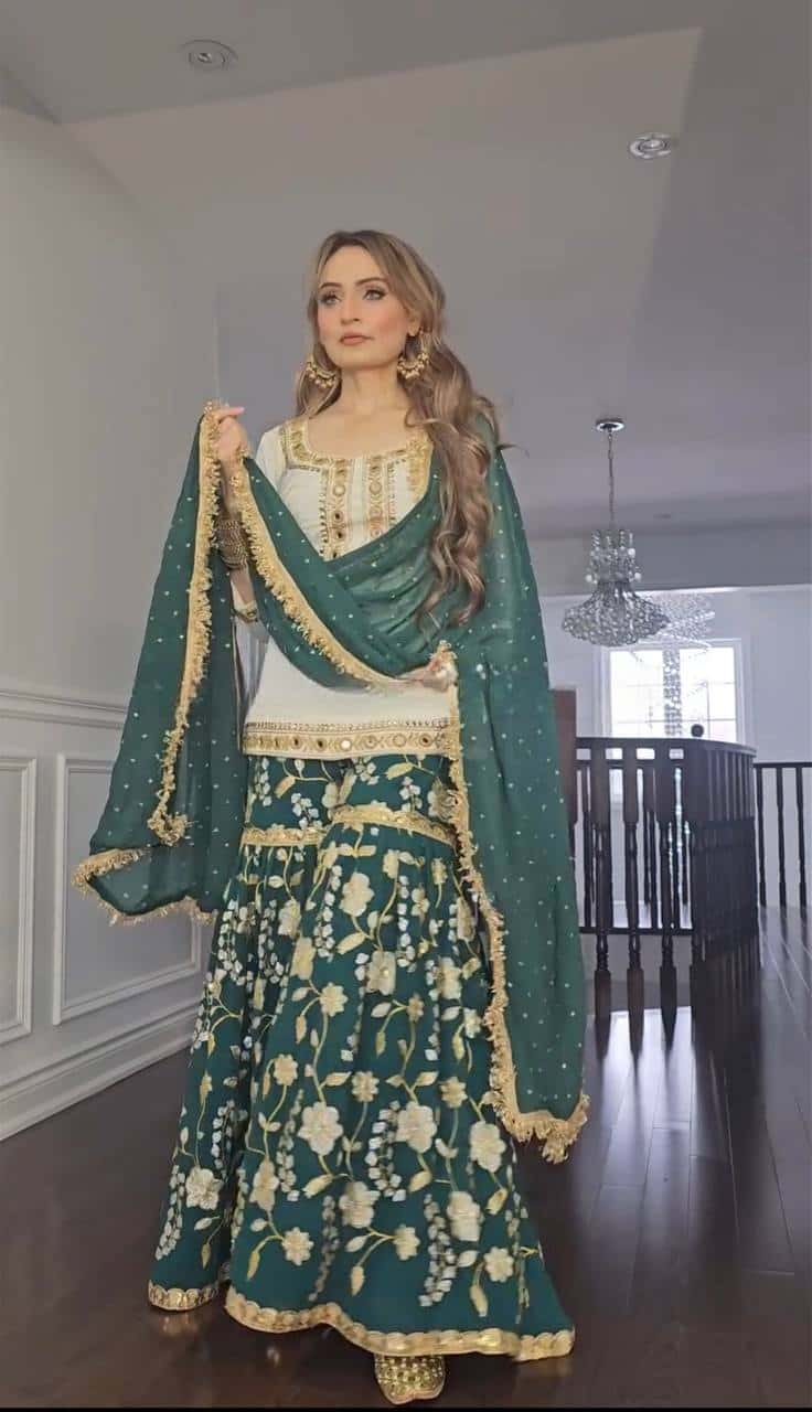"Exquisite Heavy Malay Silk Sharara Set with Embroidered Detailing and Mirror Work"