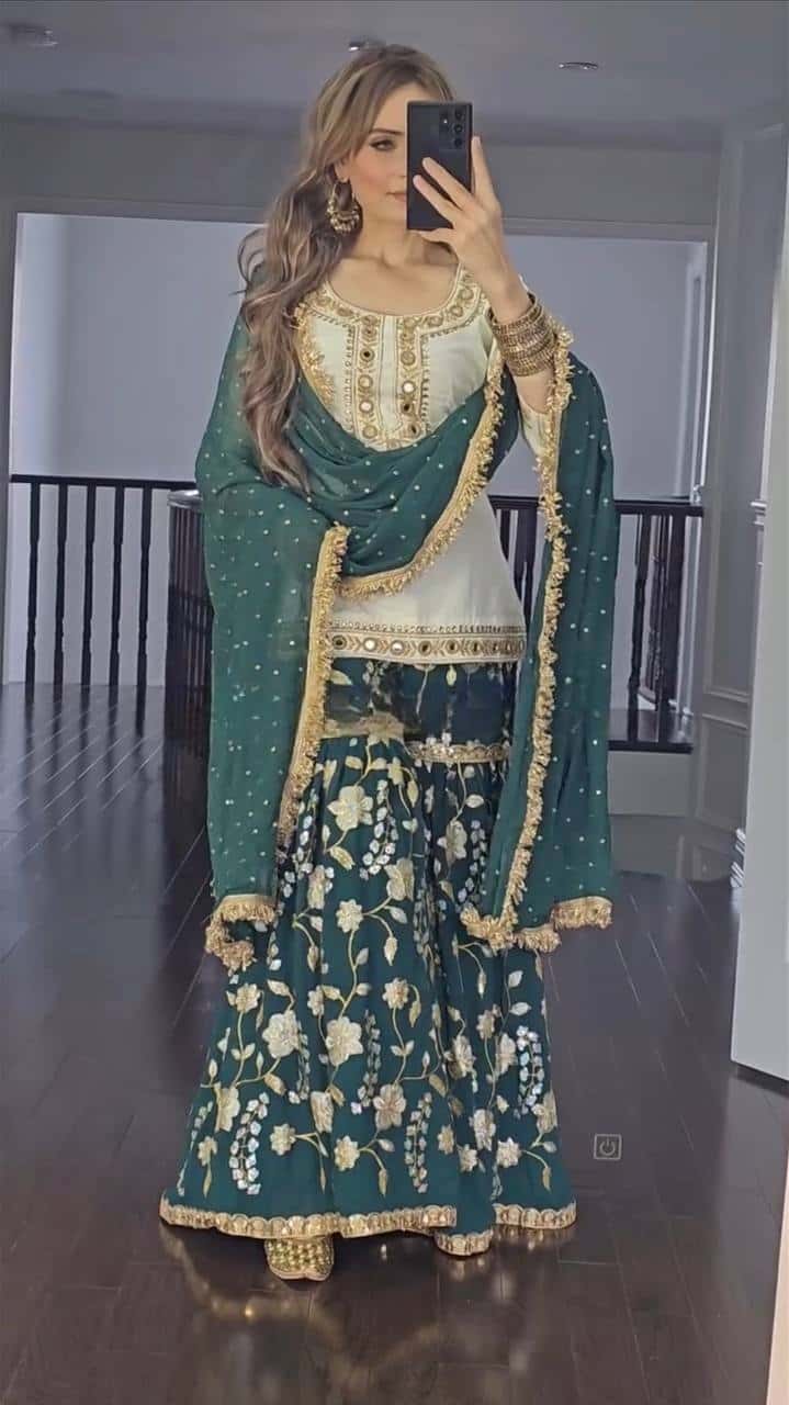 "Exquisite Heavy Malay Silk Sharara Set with Embroidered Detailing and Mirror Work"