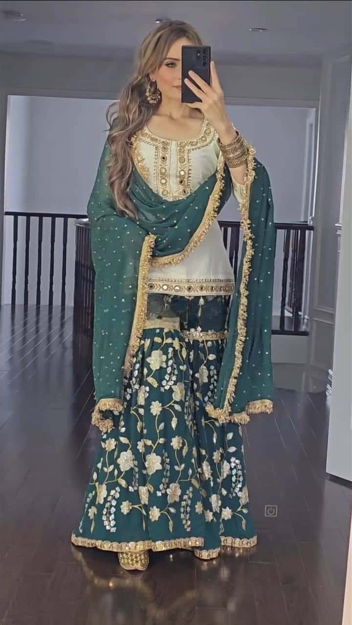 "Exquisite Heavy Malay Silk Sharara Set with Embroidered Detailing and Mirror Work"