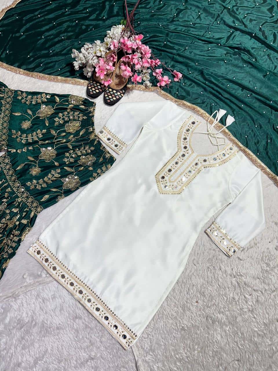 "Exquisite Heavy Malay Silk Sharara Set with Embroidered Detailing and Mirror Work"