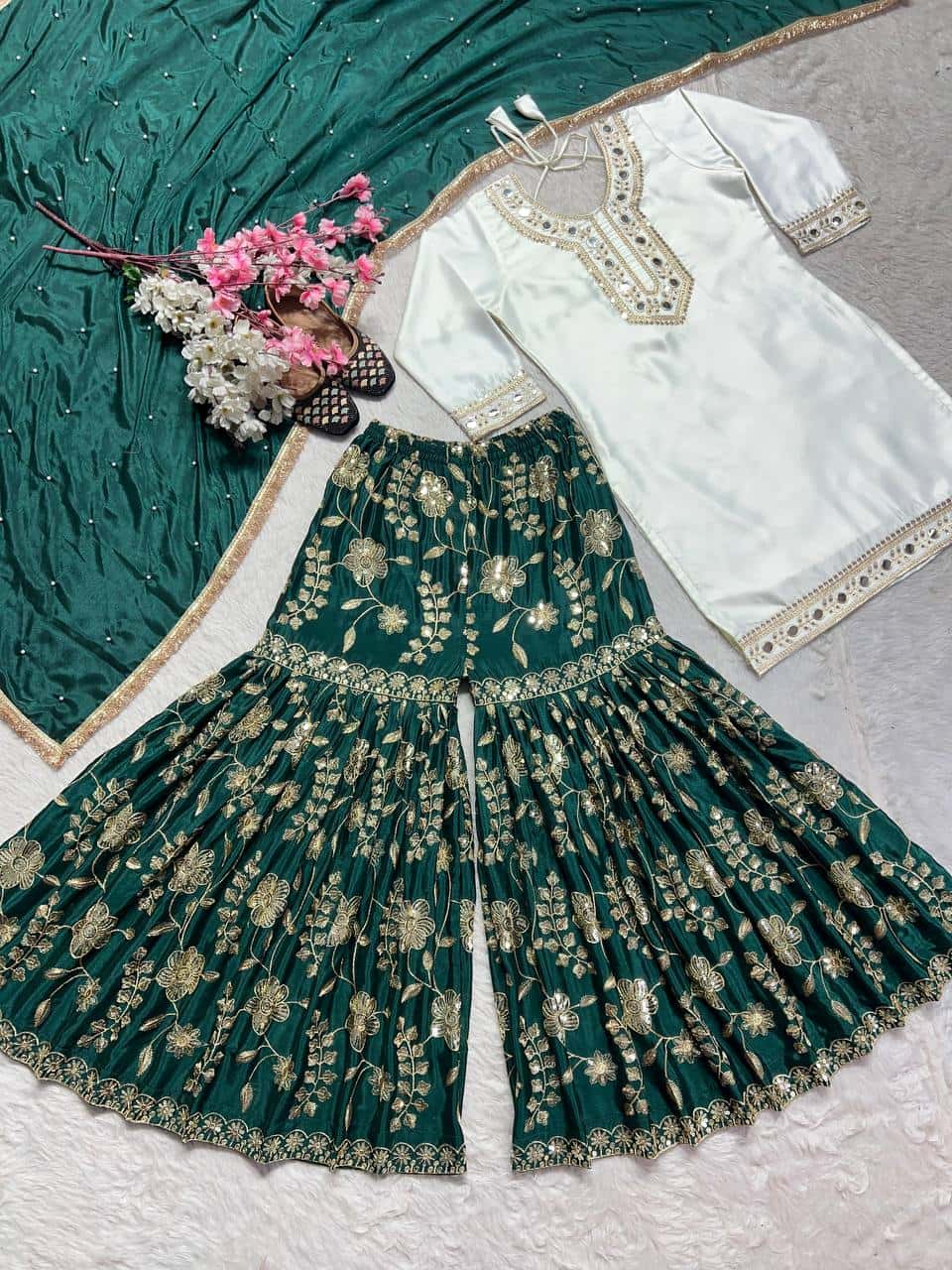"Exquisite Heavy Malay Silk Sharara Set with Embroidered Detailing and Mirror Work"