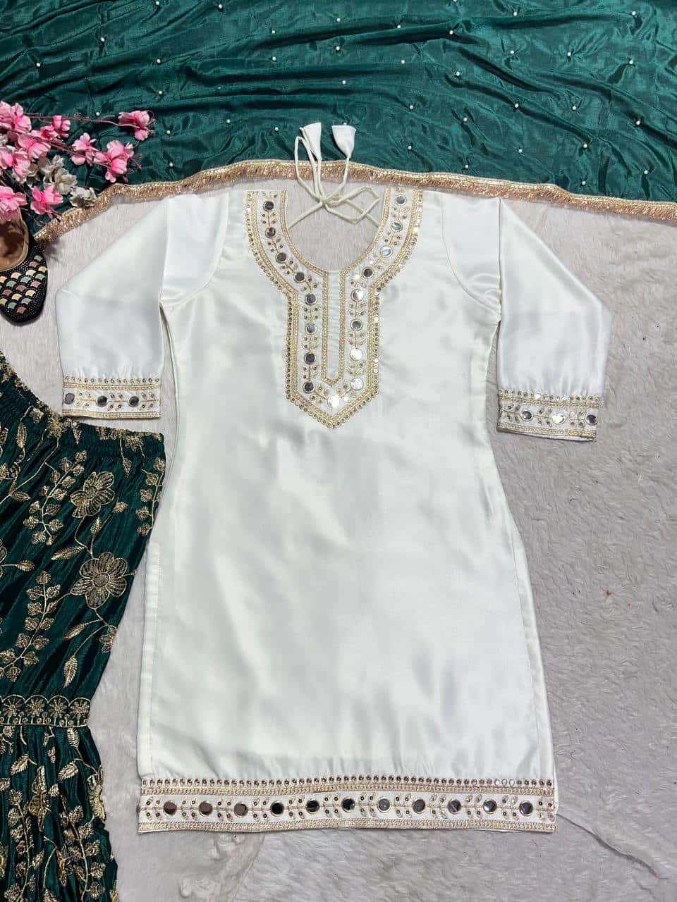 "Exquisite Heavy Malay Silk Sharara Set with Embroidered Detailing and Mirror Work"