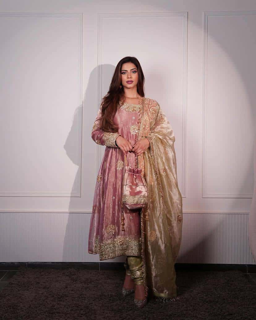 "Exquisite Embroidered Glass Tissue Top with Jacquard Pants and Pearl Work Dupatta"
