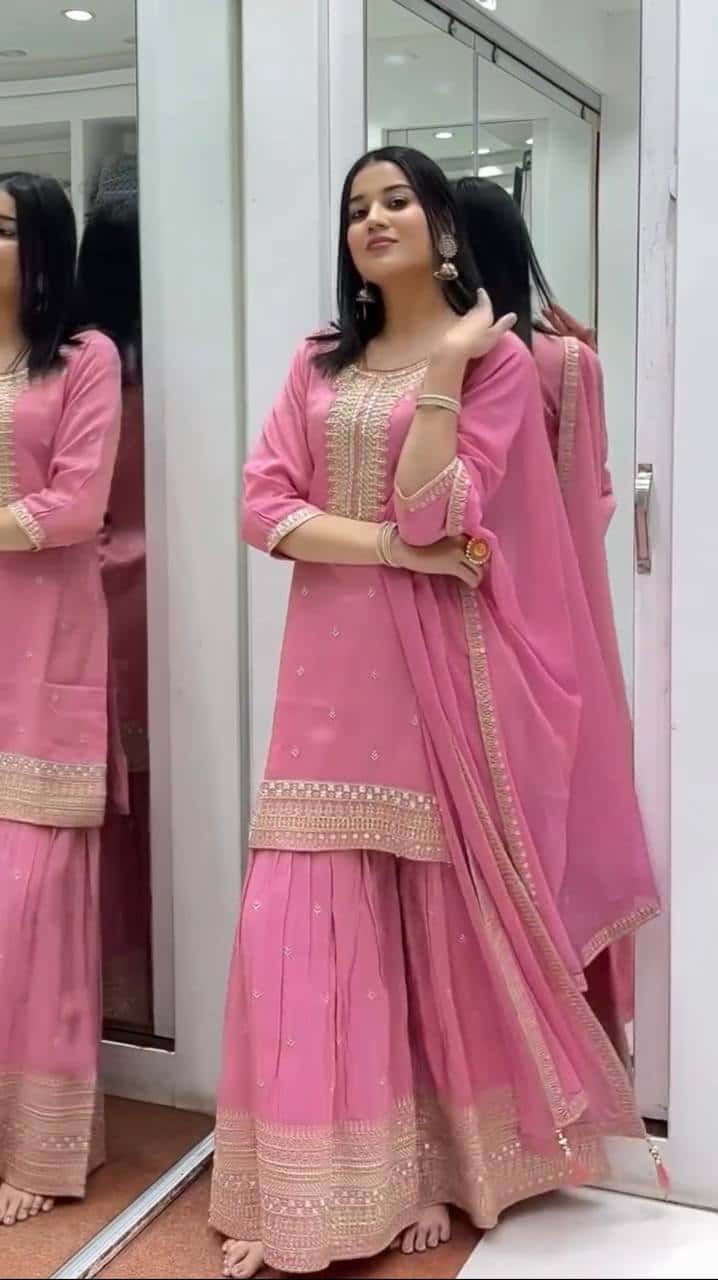 "Elegant Heavy Pure Chinnon Silk Embroidered Set with Sharara & Dupatta"