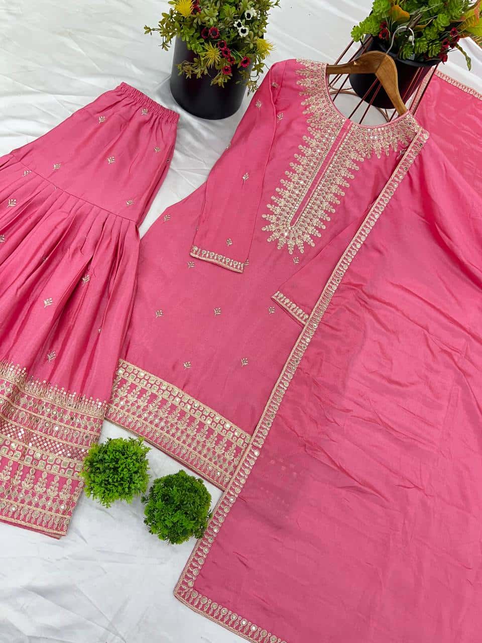 "Elegant Heavy Pure Chinnon Silk Embroidered Set with Sharara & Dupatta"