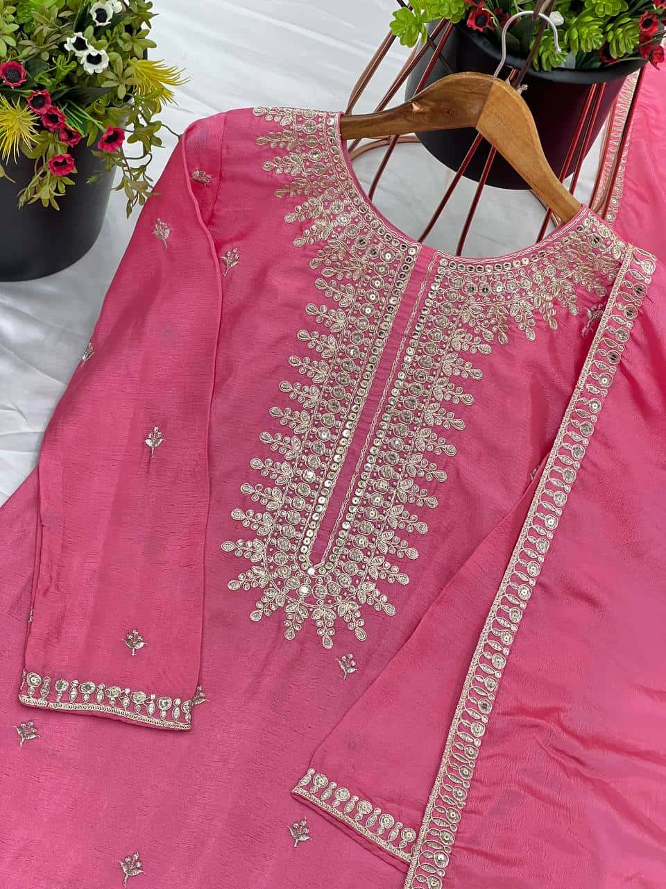 "Elegant Heavy Pure Chinnon Silk Embroidered Set with Sharara & Dupatta"