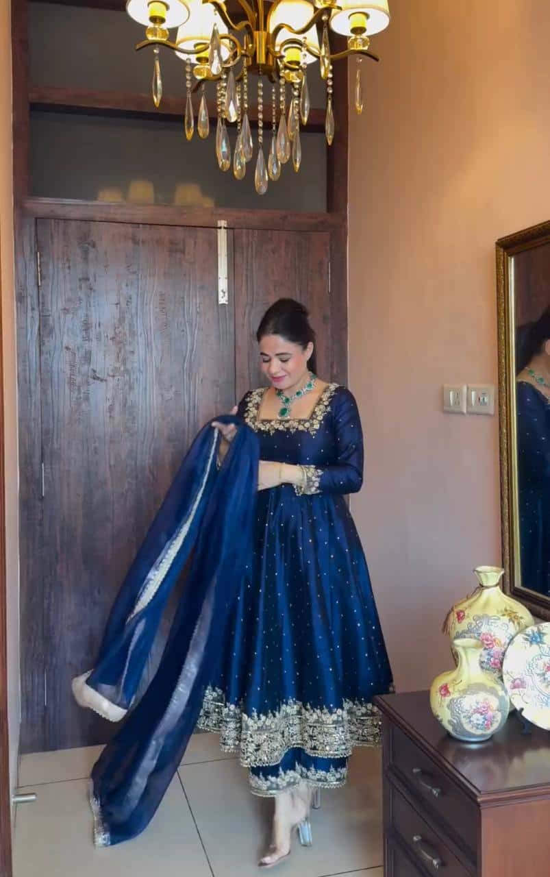 "Luxury Anarkali Gown Set with Vichitra Silk, Embroidered Sequence, Plazzo, and Designer Dupatta"