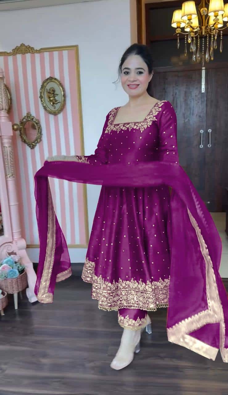 "Luxury Anarkali Gown Set with Vichitra Silk, Embroidered Sequence, Plazzo, and Designer Dupatta"
