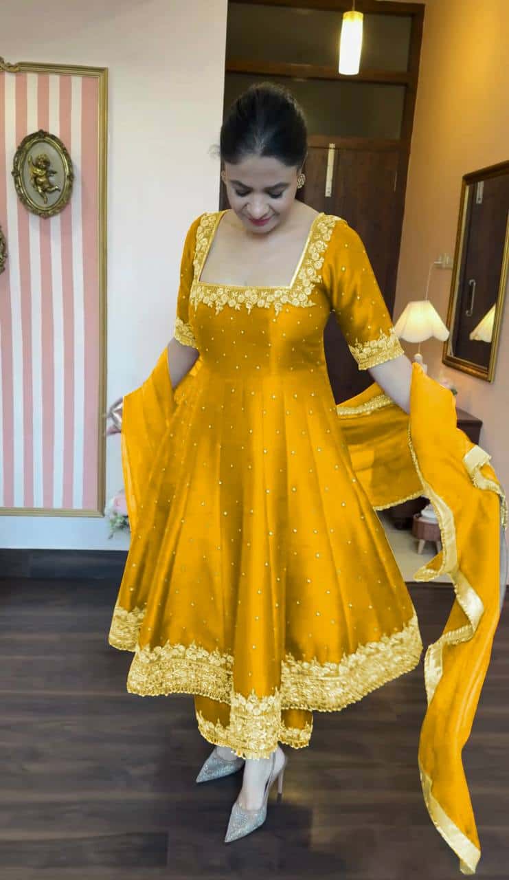 "Luxury Anarkali Gown Set with Vichitra Silk, Embroidered Sequence, Plazzo, and Designer Dupatta"
