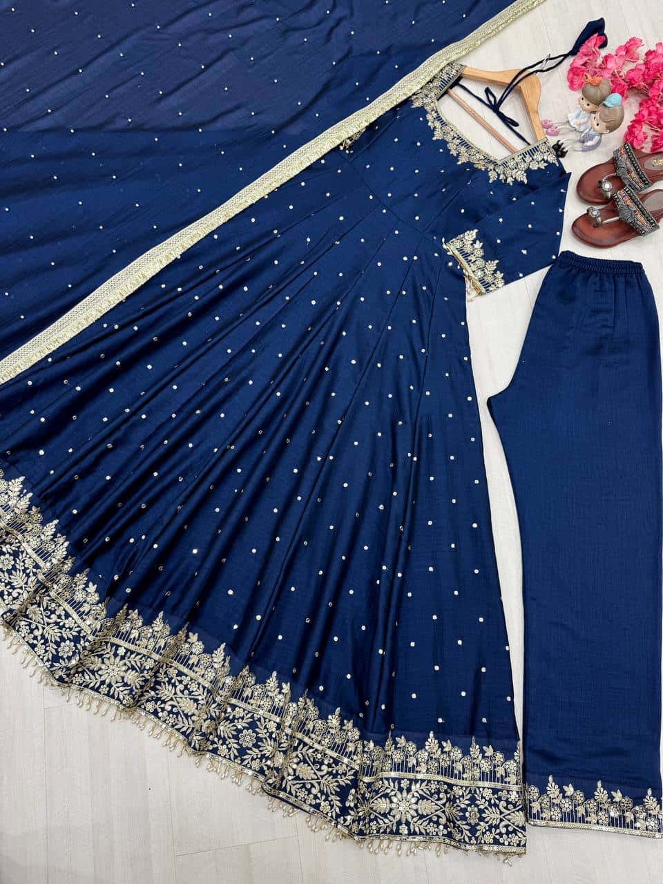 "Luxury Anarkali Gown Set with Vichitra Silk, Embroidered Sequence, Plazzo, and Designer Dupatta"
