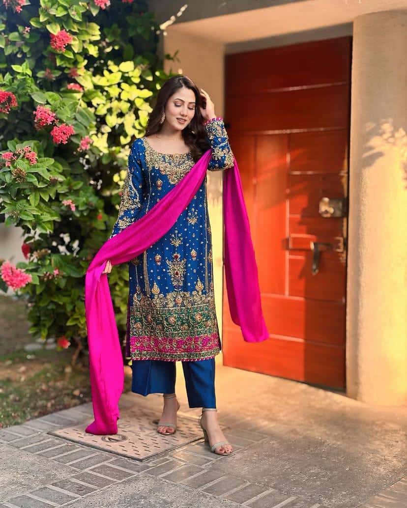 "Elegant Chinon Silk Ensemble with Zari & Sequins Embroidery"