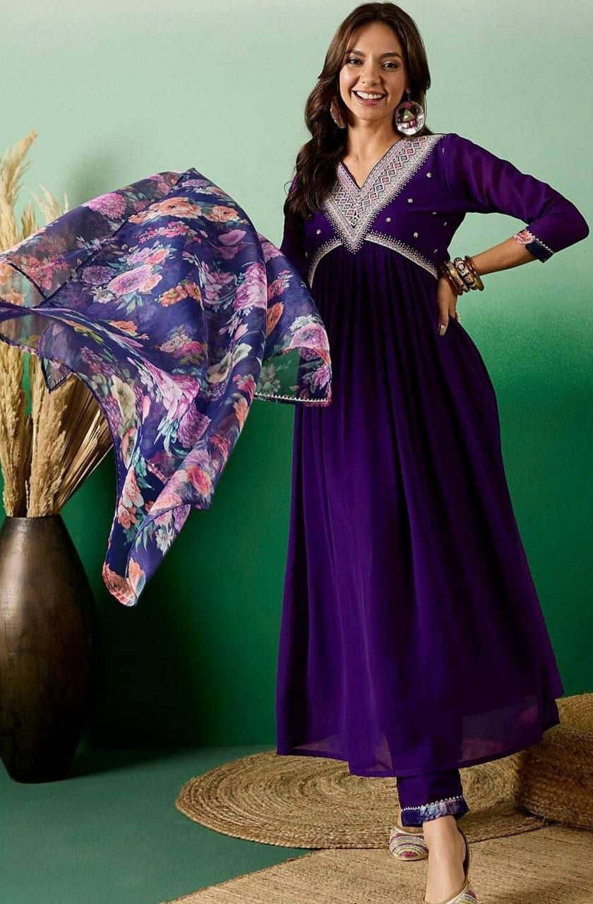 "Elegant Blooming Georgette Kurti Set with Sequence Embroidery & Printed Dupatta"