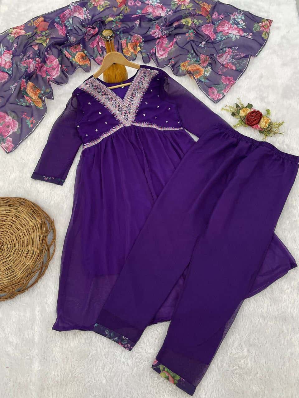 "Elegant Blooming Georgette Kurti Set with Sequence Embroidery & Printed Dupatta"