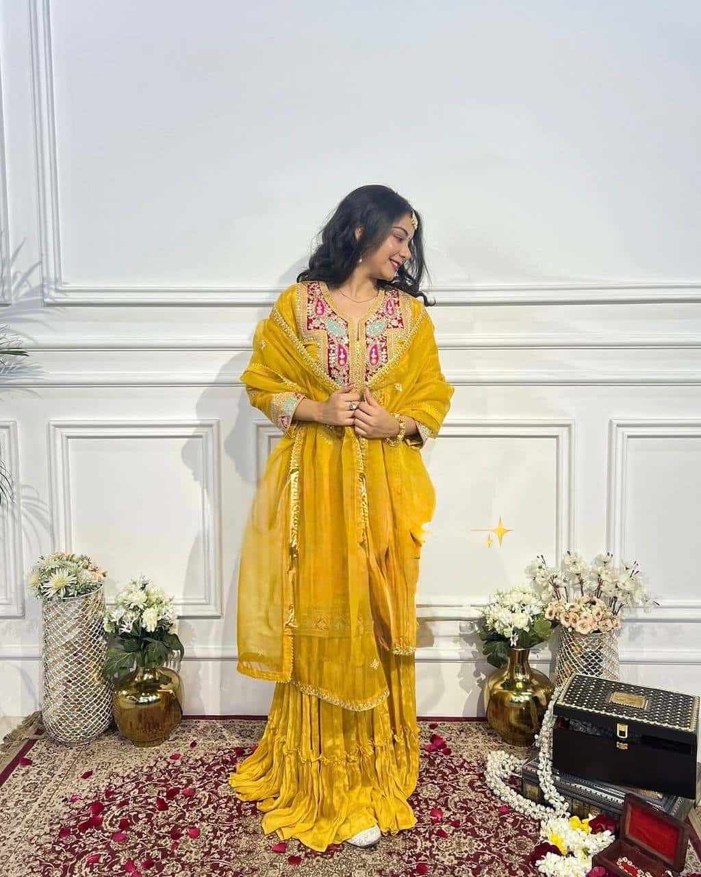 "Exquisite Heavy Chinon Silk Gharara Set with Embroidered Top & Dupatta"