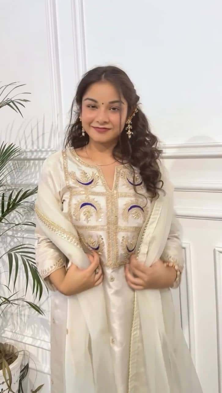 "Elegant Heavy Vichitra Silk Set with Embroidered Sequence Work – Fully Stitched Top, Bottom & Dupatta"