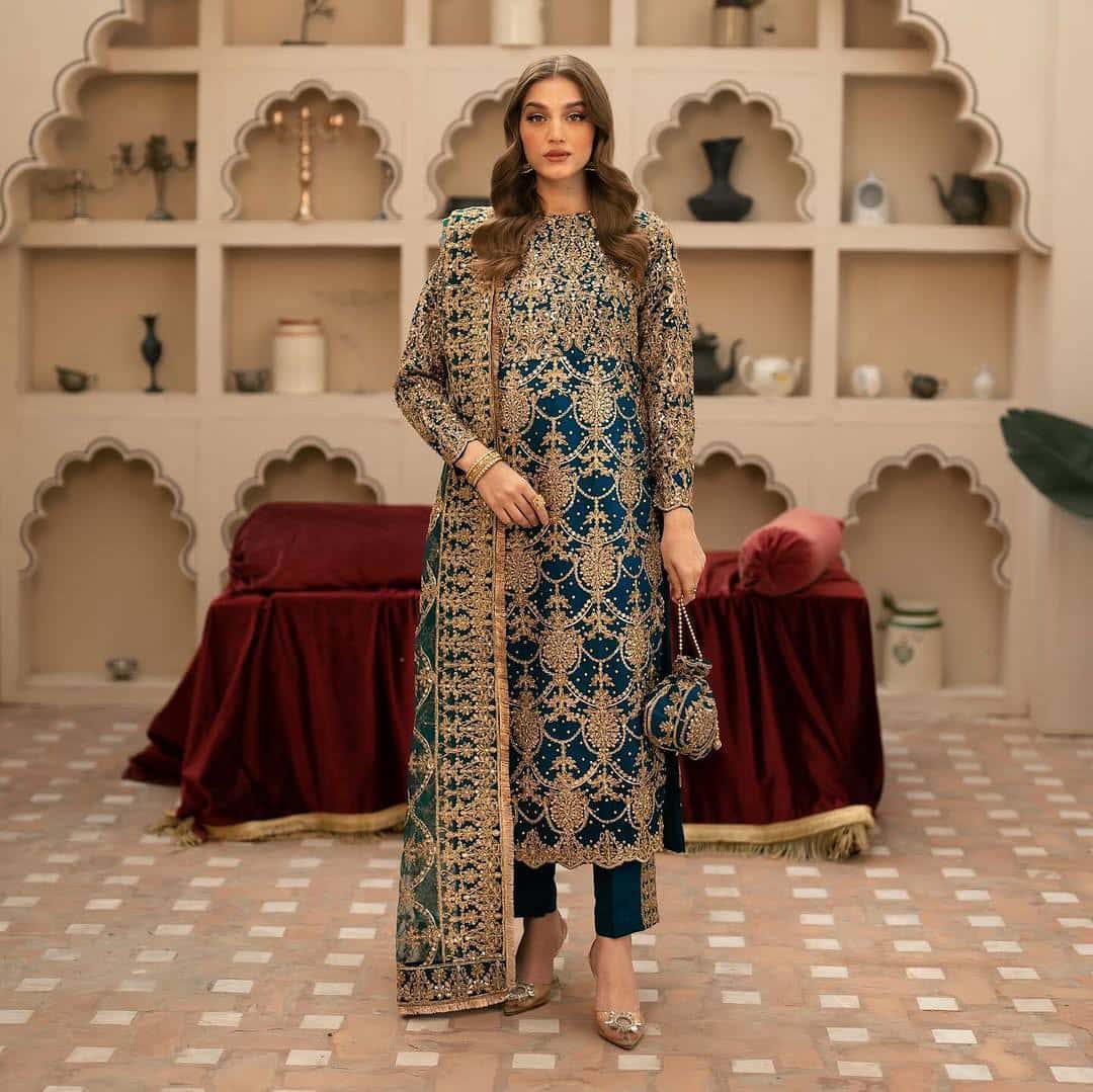 "Heavy Faux Georgette Embroidered Top, Pant & Dupatta Set – Fully Stitched"
