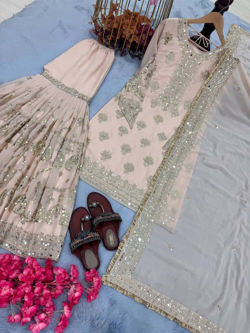"Heavy Faux Georgette Embroidered Sequence & Mirror Work Top with Plazzo and Dupatta Set"